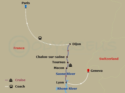 AmaCello Cruise Tours - 13 Night - Flavors of Burgundy with Paris Pre-Cruise and Geneva Post-Cruise - AmaCello Cruise Tours - Starting in Paris, Dijon, Chalon-sur-Saone, Tournus, Mac.. itinerary map