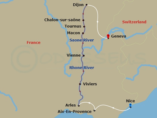 AmaCello Cruise Tours - 13 Night - Essence of Burgundy (Wine Cruise) with Nice Pre-Cruise and Geneva Post-Cruise - AmaCello Cruise Tours - Starting in Nice, Aix-en-Provence, Arles, V.. itinerary map
