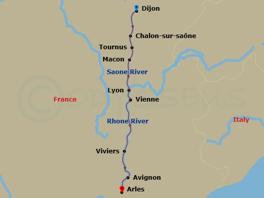 AmaCello - 7 Night - Essence of Burgundy & Provence (Wine Cruise) - AmaCello - Starting in Port of Dijon, Chalon-sur-Saone, Macon, Tournus, Macon, Lyon, Vienne, Viviers,.. itinerary map