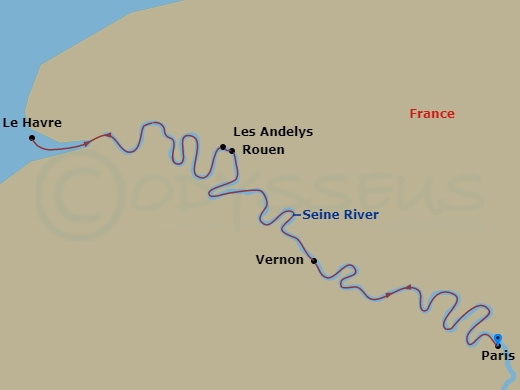AmaDante - 7 Night - Paris & Normandy - AmaDante - Starting in Paris, Les Andelys, Le Havre, Rouen, Vernon, Paris itinerary map
