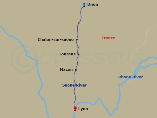AmaCello - 7 Night - Flavors of Burgundy - AmaCello - Starting in Port of Dijon, Seurre, Chalon-sur-Saone, Tournus, Macon, Lyon itinerary map