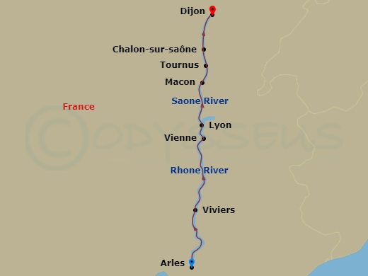 AmaCello - 7 Night - Essence of Burgundy & Provence (Wine Cruise) - AmaCello - Starting in Arles, Viviers, Vienne, Lyon, Macon, Tournus, Chalon-sur-Saone, Port of Dijon itinerary map