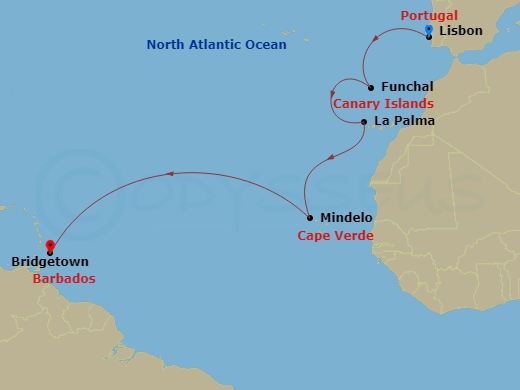 Silver Spirit - 13 Night - Lisbon to Bridgetown - Silver Spirit - Starting in Lisbon, Funchal, Madeira, Santa Cruz de La Palma, Mindelo, Bridgetown itinerary map