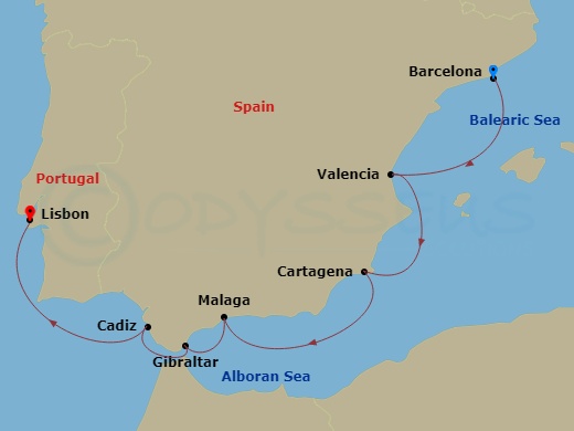 Silver Spirit - 7 Night - Barcelona to Lisbon - Silver Spirit - Starting in Barcelona, Valencia, Cartagena ES, Spain, Malaga (Costa del Sol), Gibraltar, Cadiz, Lisbon itinerary map