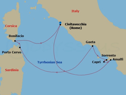 7 Night - Enchanting Italian Coastlines - Emerald Sakara - Starting in Civitavecchia (Rome), Italy, Amalfi, Italy / Capri, Italy, Capri, Italy / Sorrento, Italy, Sorrento, Italy, Gaeta, Italy, Porto Cervo, Italy, Bonifacio, France, Civitavecchia (Rome), Italy itinerary map