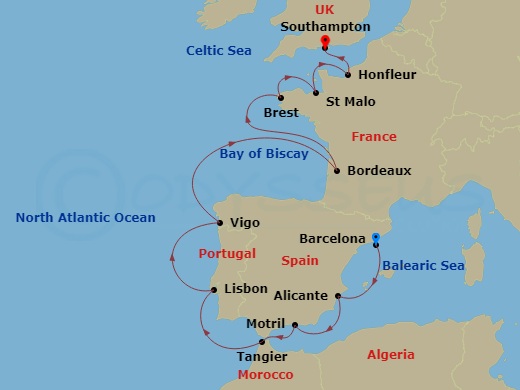 Oceania Vista - 12 Night - Eclectic Western Europe - Oceania Vista - Starting in Barcelona, Alicante, Granada (Motril), Tangier, Lisbon, Santiago De Compostela (Vigo), Bordea.. itinerary map