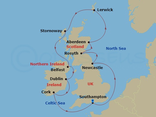 Oceania Insignia - 11 Night - Unbound British Isles - Oceania Insignia - Starting in London (Southampton), Newcastle UK, Edinburgh (Rosyth), Aberdeen, Lerwick (Shetland Islands).. itinerary map
