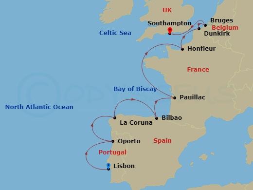 Oceania Insignia - 10 Night - Cultured Iberia & France - Oceania Insignia - Starting in Lisbon, Oporto, La Coruna, Bilbao, Pauillac (Bordeaux), Paris (Honfleur), Dunkirk, Bruges.. itinerary map