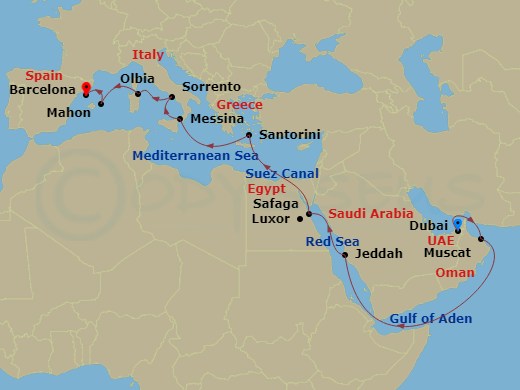 Oceania Vista - 20 Night - Sunny Sands & Chic Strands - Oceania Vista - Starting in Dubai, Muscat, Jeddah, Luxor (Safaga), Suez Canal (Transit), Santorini, Messina (Sicily),.. itinerary map