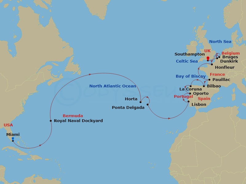 Oceania Insignia - 22 Night - Route to Western Europe - Oceania Insignia - Starting in Miami, Royal Naval Dockyard, Horta (Azores), Ponta Delgada (Azores), Lisbon, Oporto, La Co.. itinerary map