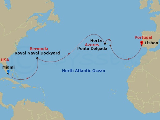 Oceania Insignia - 12 Night - Explorers Atlantic - Oceania Insignia - Starting in Miami, Royal Naval Dockyard, Horta (Azores), Ponta Delgada (Azores), Lisbon itinerary map