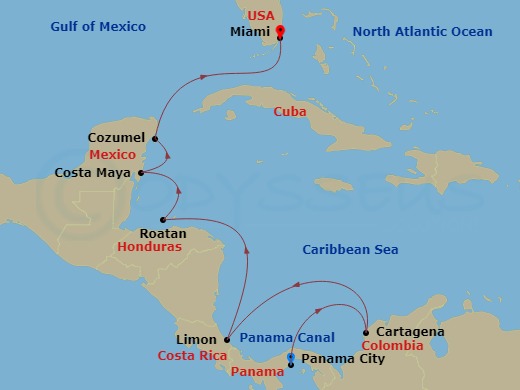 Oceania Insignia - 10 Night - Canal & Coral Isles - Oceania Insignia - Starting in Panama City, Panama Canal Daylight Transit, Cartagena CO, Puerto Limon, Roatan, Costa Maya, Me.. itinerary map