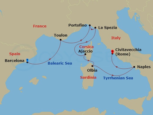 Oceania Marina - 7 Night - Etruscan Waterways - Oceania Marina - Starting in Barcelona, Toulon, Portofino, Cinque Terre (La Spezia), Ajaccio (Corsica), Olbia / Porto Cervo (Sa.. itinerary map