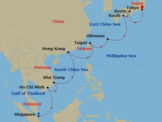 Oceania Riviera - 16 Night - Jade Seas Journey - Oceania Riviera - Starting in Singapore, Ho Chi Minh City (Phu My), Nha Trang, Hong Kong, Taipei (Keelung), Okinawa (Naha), Koc.. itinerary map
