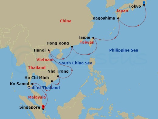Oceania Regatta - 16 Night - Sparkling Asian Seas - Oceania Regatta - Starting in Tokyo (Yokohama), Kagoshima, Taipei (Keelung), Hong Kong, Hanoi (Ha Long Bay), Nha Trang, Saig.. itinerary map
