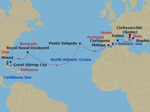 Oceania Allura - 16 Night - Transoceanic Salute - Oceania Allura - Starting in Miami, Great Stirrup Cay, Royal Naval Dockyard, Ponta Delgada (Azores), Malaga, Cartagena ES, Pa.. itinerary map