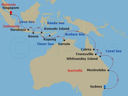 Oceania Vista - 18 Night - Barrier Reef Treasures - Oceania Vista - Starting in Sydney AU, Mooloolaba, Whitsunday Island (Airlie Beach), Townsville, Cairns, Darwin, Kupang, W.. itinerary map