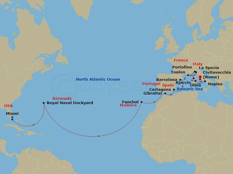 Oceania Marina - 21 Night - Atlantic & Italian Stars - Oceania Marina - Starting in Miami, Royal Naval Dockyard, Funchal (Madeira), Gibraltar, Cartagena ES, Barcelona, Toulon,.. itinerary map
