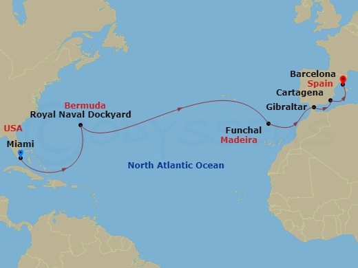 Oceania Marina - 14 Night - Bermuda & Iberia - Oceania Marina - Starting in Miami, Royal Naval Dockyard, Funchal (Madeira), Gibraltar, Cartagena ES, Barcelona itinerary map