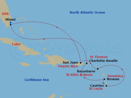 Oceania Allura - 10 Night - Caribbean Illumination - Oceania Allura - Starting in Miami, San Juan, Basseterre, Castries, Roseau, Charlotte Amalie, Miami itinerary map