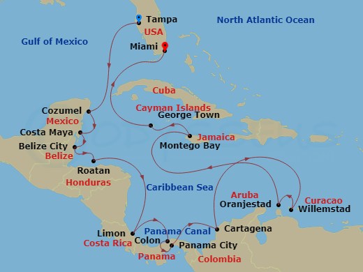 Oceania Insignia - 20 Night - Panama Canal Connoisseur - Oceania Insignia - Starting in Tampa, Cozumel, Mexico, Costa Maya, Mexico, Belize City, Roatan, Puerto Limon, Colon, Pan.. itinerary map