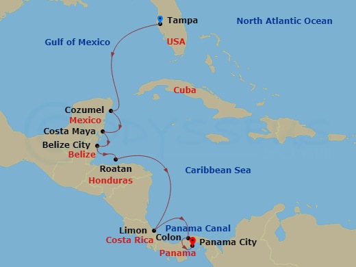 Oceania Insignia - 10 Night - Palms & Panama Canal - Oceania Insignia - Starting in Tampa, Cozumel, Mexico, Costa Maya, Mexico, Belize City, Roatan, Puerto Limon, Colon, Panama.. itinerary map