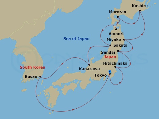 Oceania Regatta - 12 Night - A Shoguns Welcome - Oceania Regatta - Starting in Tokyo, Hitachinaka, Sendai, Miyako, Kushiro (Hokkaido), Muroran (Hokkaido), Aomori, Sakata, Kanaz.. itinerary map