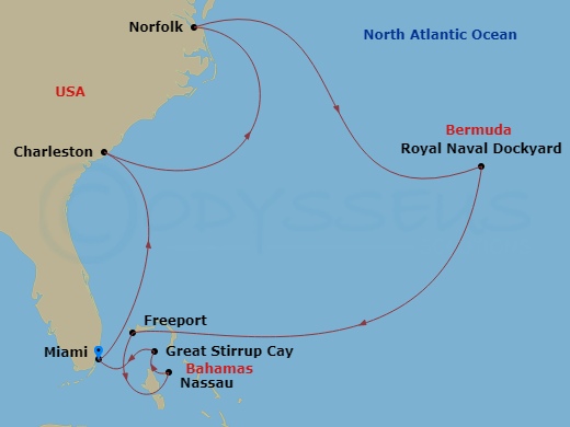 Oceania Allura - 14 Night - Atlantic & Balmy Bermuda - Oceania Allura - Starting in Miami, Charleston, Norfolk, Royal Naval Dockyard, Freeport, Nassau, Great Stirrup Cay, Miami itinerary map