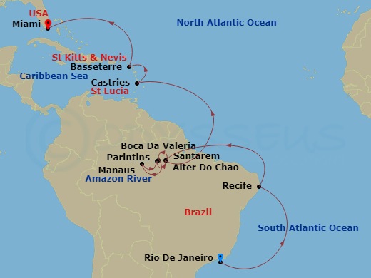 Oceania Marina - 21 Night - Heart of the Amazon - Oceania Marina - Starting in Rio De Janeiro, Recife, Cruising the Amazon River, Alter Do Chao (Amazon River), Boca Da Valeria.. itinerary map