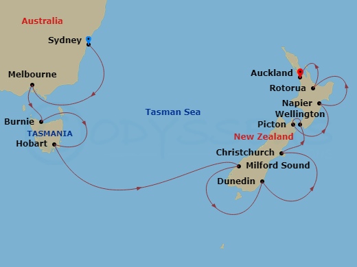 Oceania Riviera - 15 Night - Collector's New Zealand - Oceania Riviera - Starting in Sydney AU, Melbourne, Burnie (Tasmania), Hobart (Tasmania), Cruising Milford Sound, Dunedin.. itinerary map