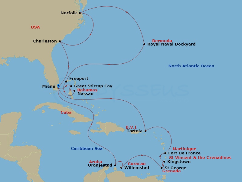 Oceania Allura - 26 Night - Antilles & Atlantic Gems - Oceania Allura - Starting in Miami, Oranjestad, Willemstad AN, St Georges, Kingstown, Fort-de-France, Tortola, Miami, Ch.. itinerary map