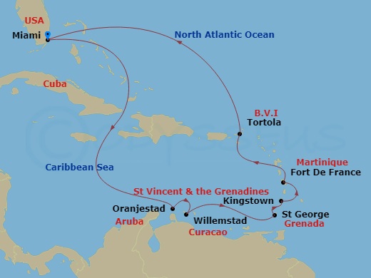 Oceania Allura - 12 Night - Dutch Isles Delights - Oceania Allura - Starting in Miami, Oranjestad, Willemstad AN, St Georges, Kingstown, Fort-de-France, Tortola, Miami itinerary map