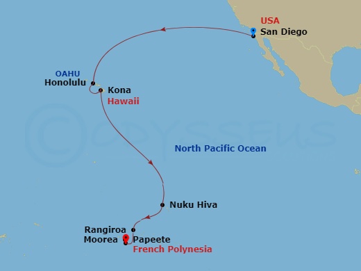 Oceania Vista - 16 Night - Pacific Lagoons & Retreats - Oceania Vista - Starting in San Diego, Honolulu, Kailua-Kona, Nuku Hiva, Rangiroa, Moorea, Papeete (Tahiti) itinerary map