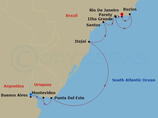 Oceania Marina - 10 Night - Brazilian Brilliance - Oceania Marina - Starting in Buenos Aires, Montevideo, Punta Del Este, Itajai, Sao Paulo (Santos), Parati, Ilha Grande, Braz.. itinerary map