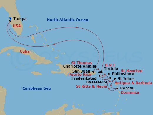 Oceania Insignia - 15 Night - Leeward Isles Serenade - Oceania Insignia - Starting in Tampa, San Juan, Charlotte Amalie, Philipsburg, St Johns, Roseau, Basseterre, Frederiksted,.. itinerary map