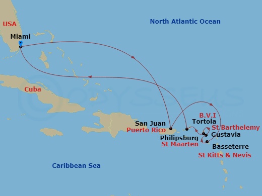 Oceania Allura - 11 Night - Azure Antilles - Oceania Allura - Starting in Miami, San Juan, Basseterre, Gustavia, Philipsburg, Tortola, Miami itinerary map