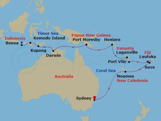 Oceania Riviera - 21 Night - Melanesian Marvels - Oceania Riviera - Starting in Bali (Benoa), Komodo, Kupang, West Timor, Darwin, Port Moresby, Alotau, Honiara, Luganville (Esp.. itinerary map