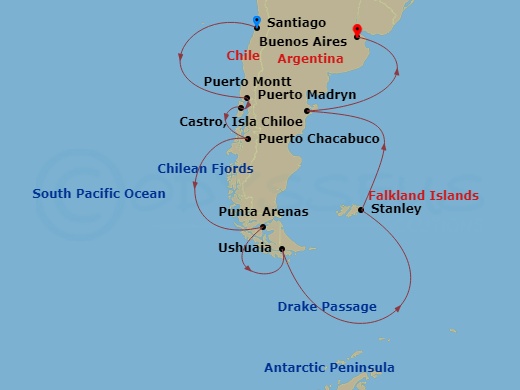 20 Night - Spectacular Antarctica - Oceania Marina - Starting in Santiago De Chile (San Antonio CL), Puerto Montt, Castro, Puerto Chacabuco, Cruising the Chilean Fjords, Punta Arenas, Ushuaia, Cruising the Drake Passage, Cruising the Antarctic Peninsula, Port Stanley, Falkland Islands, Puerto Madryn, Buenos Aires itinerary map