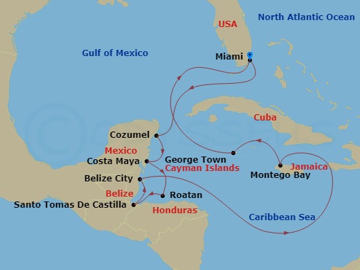 Oceania Allura - 12 Night - Mesoamerican Majesty - Oceania Allura - Starting in Miami, Cozumel, Mexico, Costa Maya, Mexico, Roatan, Santo Tomas, Belize City, Montego Bay, Geor.. itinerary map