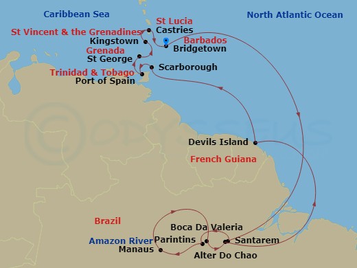 Oceania Insignia - 19 Night - Amazon to Caribbean Gems - Oceania Insignia - Starting in Bridgetown, Cruising the Amazon River, Santarem (Amazon River), Parintins (Amazon River),.. itinerary map