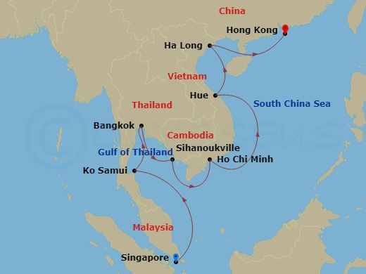 Oceania Regatta - 15 Night - Indochina Revelations - Oceania Regatta - Starting in Singapore, Ko Samui, Bangkok (Laem Chabang), Sihanoukville, Saigon (Ho Chi Minh City), Hue (C.. itinerary map