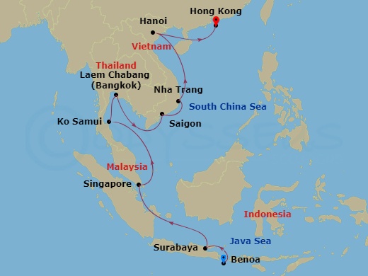 Oceania Sirena - 18 Night - Treasured Temples of Asia - Oceania Sirena - Starting in Bali (Benoa), Surabaya, Singapore, Ko Samui, Bangkok (Laem Chabang), Saigon (Ho Chi Minh C.. itinerary map
