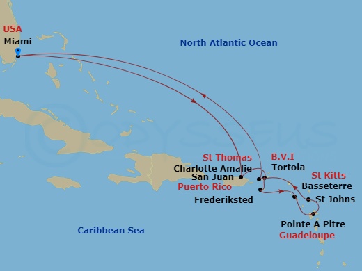 Oceania Allura - 12 Night - Elegant Caribbean - Oceania Allura - Starting in Miami, San Juan, Tortola, Frederiksted, Basseterre, Pointe-a-Pitre, St Johns, Charlotte Amalie, Mi.. itinerary map