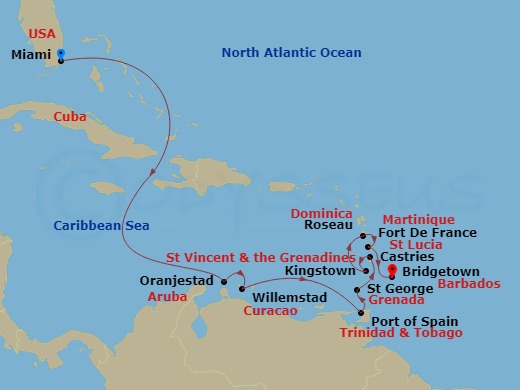 Oceania Insignia - 12 Night - Radiant Island Dawns - Oceania Insignia - Starting in Miami, Oranjestad, Willemstad AN, Port of Spain, St Georges, Castries, Kingstown, Roseau, For.. itinerary map