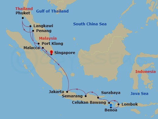 Oceania Regatta - 14 Night - Indonesian & Malaysian Joy - Oceania Regatta - Starting in Bali (Benoa), Lombok (Lembar), Bali (Celukan Bawang), Surabaya, Semarang (Java), Jakarta.. itinerary map