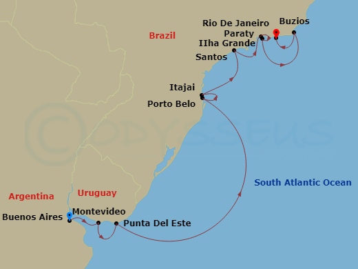 Oceania Marina - 12 Night - Bounty of Brazil - Oceania Marina - Starting in Buenos Aires, Montevideo, Punta Del Este, Itajai, Porto Belo, Sao Paulo (Santos), Parati, Ilha Gran.. itinerary map