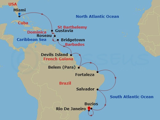 Oceania Vista - 18 Night - Vibrant Voyage to Rio - Oceania Vista - Starting in Miami, Gustavia, Roseau, Bridgetown, Devils Island, Belem (Icoaraci), Fortaleza, Salvador, Buzi.. itinerary map