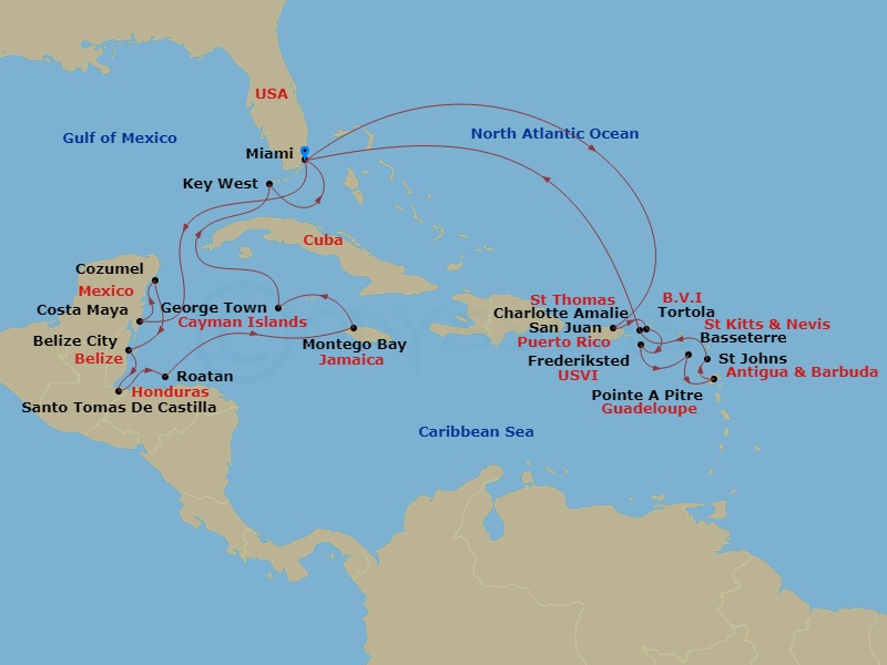 Oceania Allura - 24 Night - Yucatan & Leeward Seafarer - Oceania Allura - Starting in Miami, Costa Maya, Mexico, Cozumel, Mexico, Belize City, Santo Tomas, Roatan, Montego Bay.. itinerary map