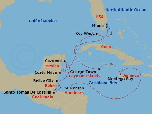 Oceania Allura - 12 Night - Maya to Island Heritage - Oceania Allura - Starting in Miami, Costa Maya, Mexico, Cozumel, Mexico, Belize City, Santo Tomas, Roatan, Montego Bay, G.. itinerary map
