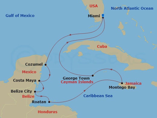 Oceania Insignia - 10 Night - Maya & Isle Mementos - Oceania Insignia - Starting in Miami, Cozumel, Mexico, Costa Maya, Mexico, Belize City, Roatan, Montego Bay, George Town, Mi.. itinerary map